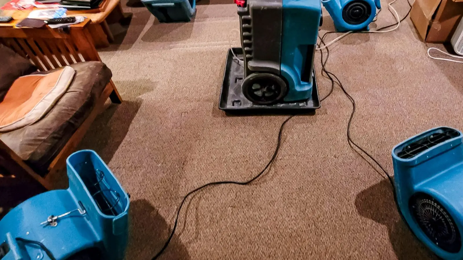 Blue air movers and a dehumidifier drying a carpeted living room after water damage